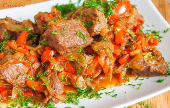 тушеная, говядина, перцем