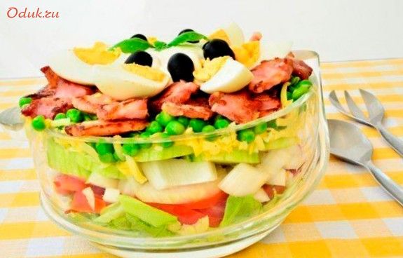 слоеный, салат, беконом, бекон