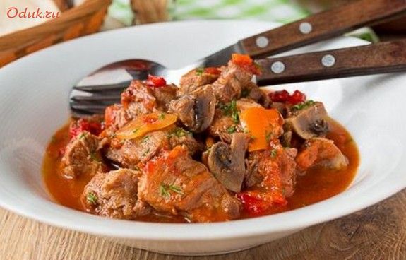 тушеная, свинина, шампиньонами тушеная, свинина, шампиньонами